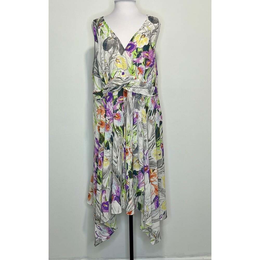 Lane Bryant 26 Floral Midi Dress Twist Front Handkerchief Hem Flowy Hi Low